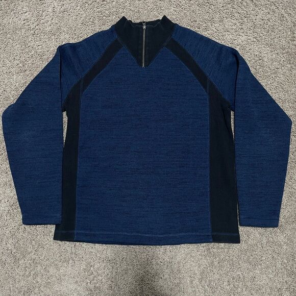 REI Sweater Mens Large Navy Blue Colorblock 1/4 Zip Mockneck Hiking Outdoors - Picture 1 of 9